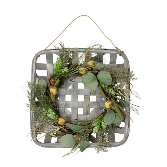 18" Green Hop & Cattail Grapevine Wreath in a Wooden Tray Hanger